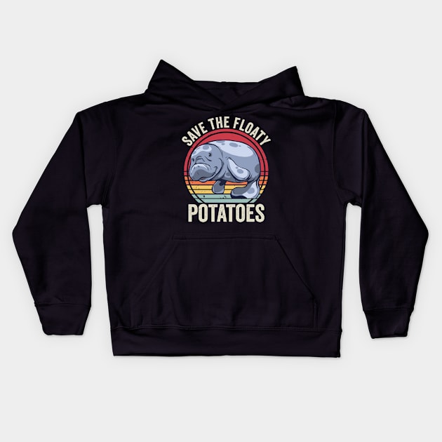 Funny Manatee Save The Floaty Potatoes Kids Hoodie by Visual Vibes